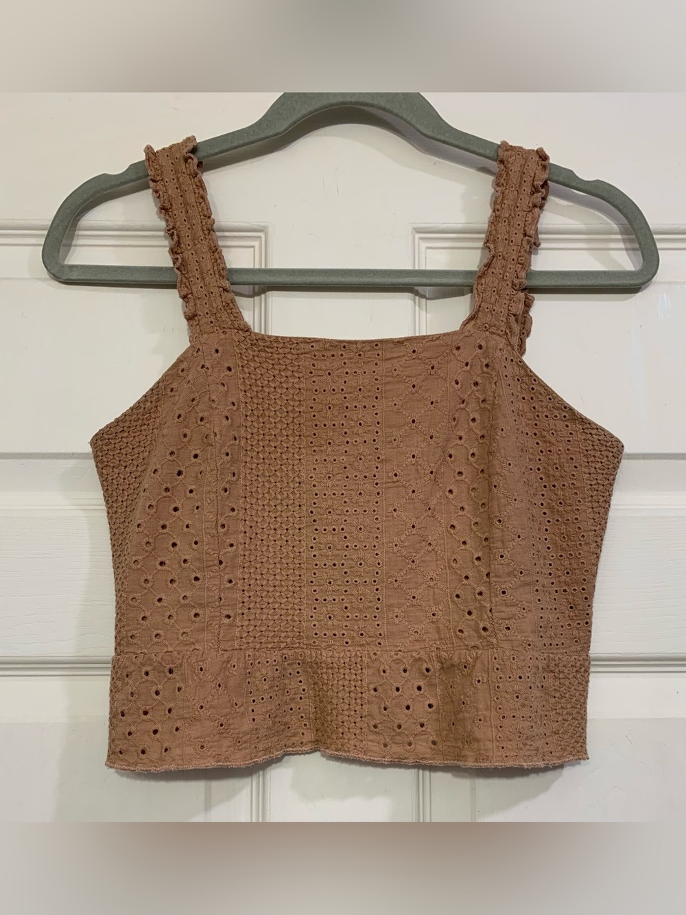 Urban Romantics Carmel Brown Eyelet Cropped Small Tank Top. 3377 - Picture 1 of 6